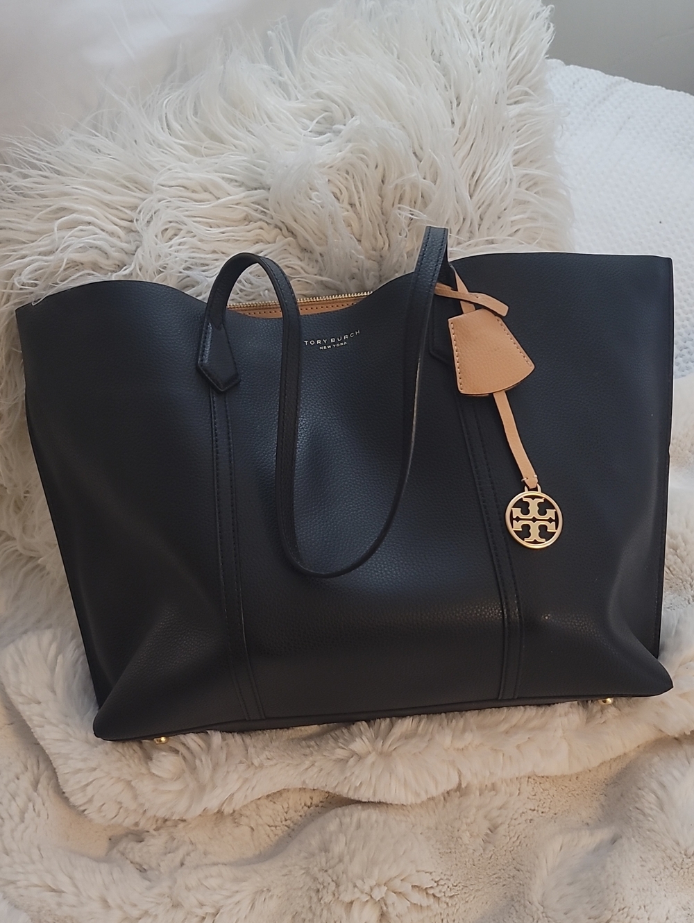 Tory Burch Black Leather Tote with Tan Tag and Gold Logo Charm